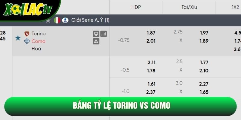 Bảng tỷ lệ Torino vs Como