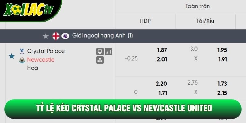 Tỷ lệ kèo Crystal Palace vs Newcastle United Tỷ lệ kèo Crystal Palace vs Newcastle United